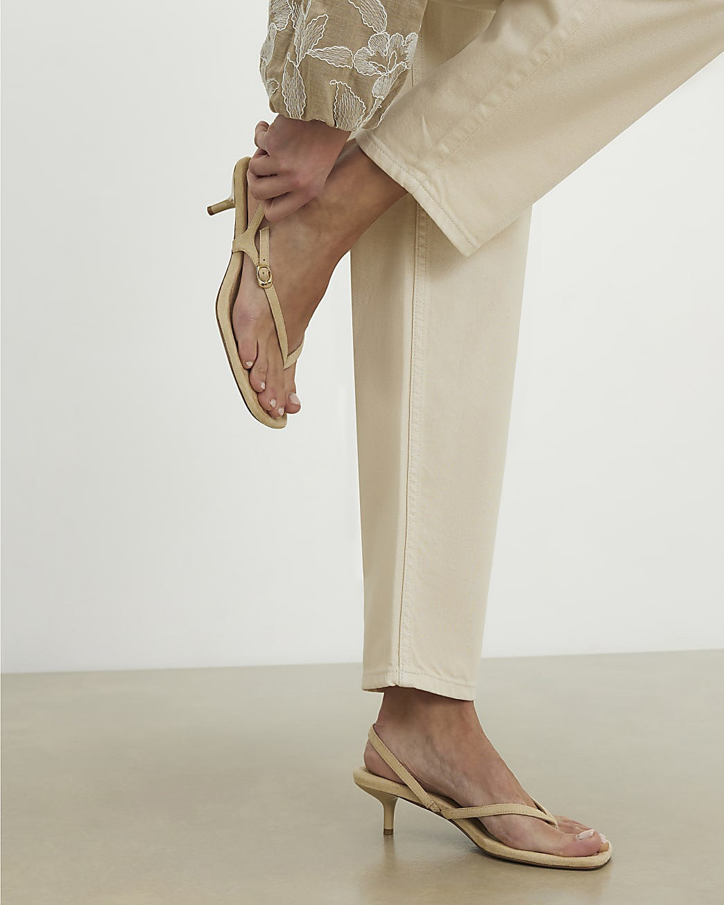 Beige Faux Suede Toe Thong Heeled Sandals | River Island UK & IE