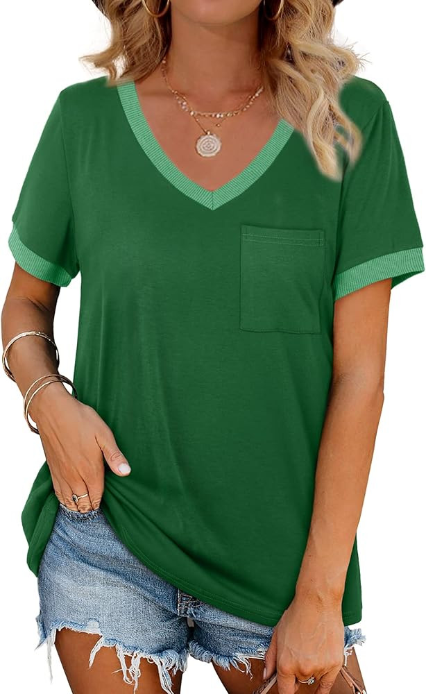 Geifa Womens T Shirts Short Sleeve V Neck Loose Casual Summer Tops with Pocket | Amazon (US)