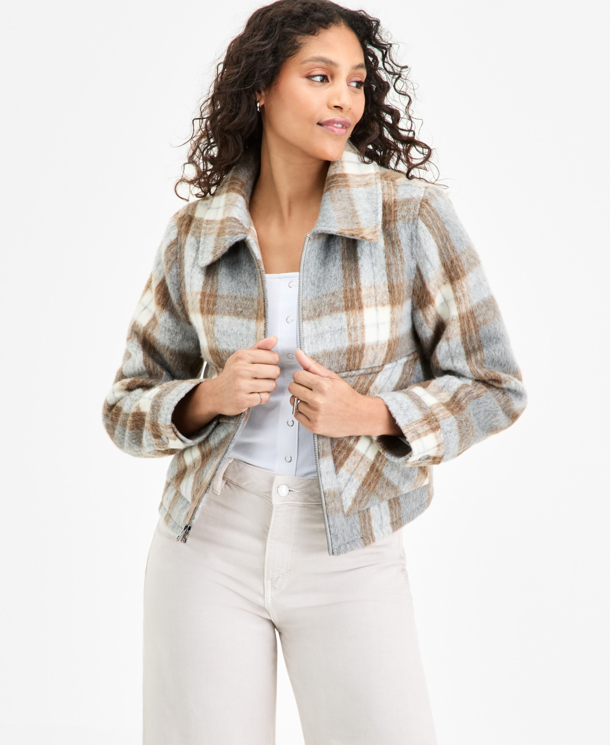 Bcbg Women's Plaid Collared Zip-Front Coat - Lt Grey Plaid | Macy's