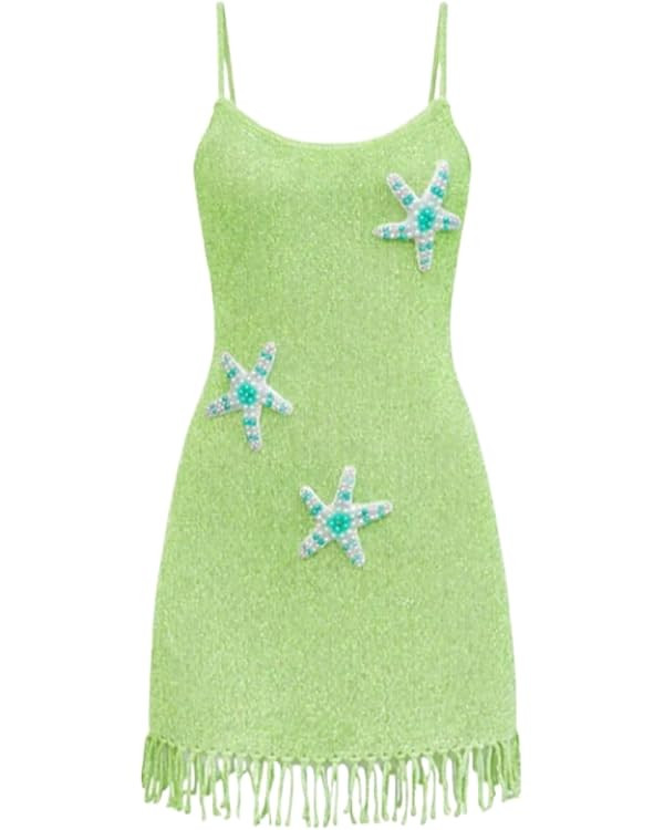 OCUH Mini Dress Spaghetti Strap Starfish Dress Tassels Sundress Sequin Sleeveless Knitted Vacatio... | Amazon (US)