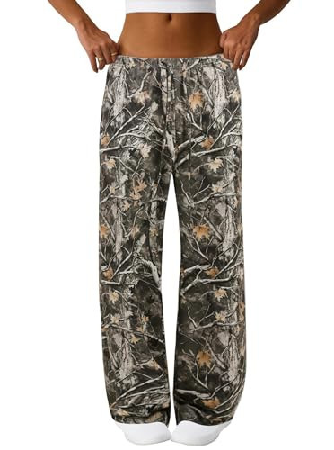 SOFIA'S CHOICE Wide Leg Camo Pants for Women Baggy Sweatpants Y2k Low Rise Sweatpants Leaf Brown X-Large | Amazon (US)
