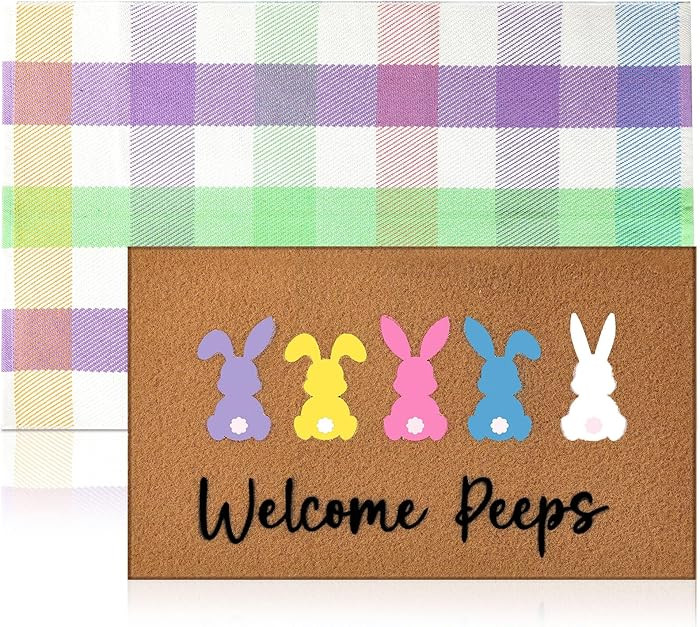 Duraaamo 2 Pcs Easter Coir Doormat Outdoor Rug Bunny Rabbits Welcome Door Mat Layered Buffalo Pla... | Amazon (US)