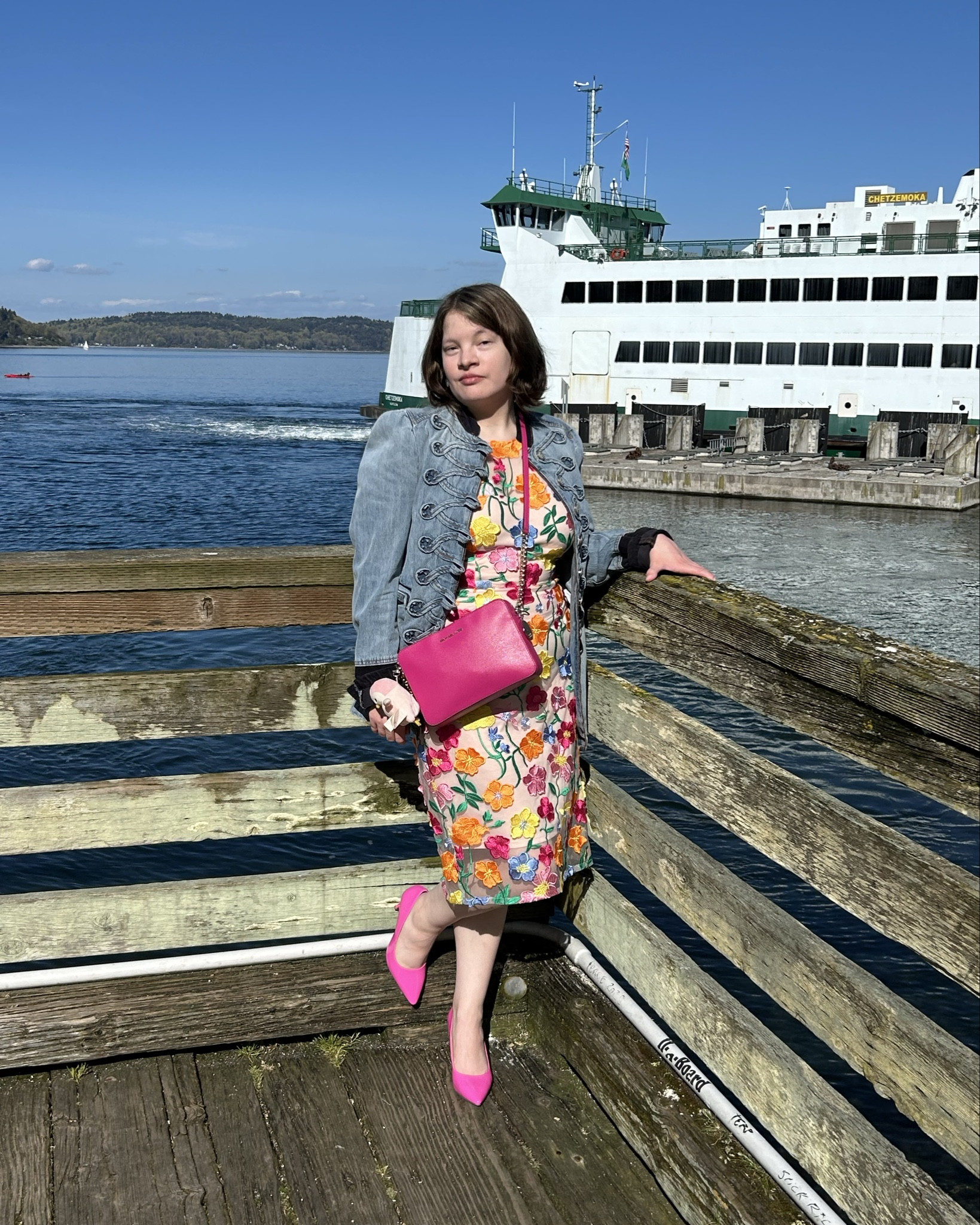 Life is better at the water 💦 Here was my Outfit Of The Day on Tuesday. I wore a size 10 Adrianna Papell Floral Dress, a Free People Medium sized Distressed Denim Military Jacket 🧥 A @Michael Kors US Hot Pink Top Zip Medium Crossbody Purse and @Macys INC Zitah Pointed Toe Pumps 👠 in size 6.5. This is a cute wedding look too! 🌺 🌸🌼🌺

#LTKMidsize #LTKWedding #LTKootd