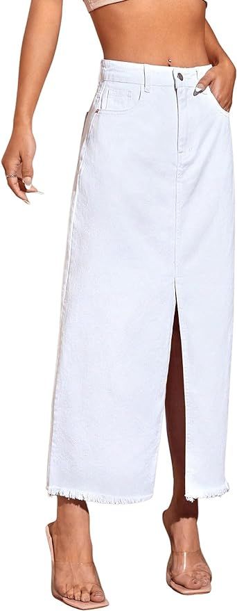 SweatyRocks Women's High Waist Split Thigh Raw Hem Denim Skirt Long Jean Skirt with Pocket | Amazon (US)