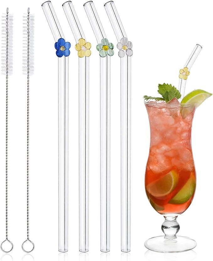 4Pcs Glass Straws with Charms, Reusable Clear Drinking Straws with Flower, Cute Colorful Glass St... | Amazon (US)