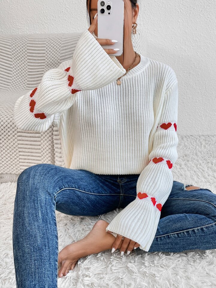 SHEIN Privé Heart Pattern Drop Shoulder Sweater | SHEIN