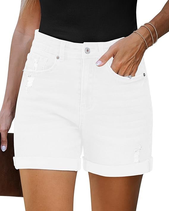 LookbookStore Jean Shorts Womens Stretchy High Waisted Ripped Denim Shorts with Pockets Trendy Di... | Amazon (US)
