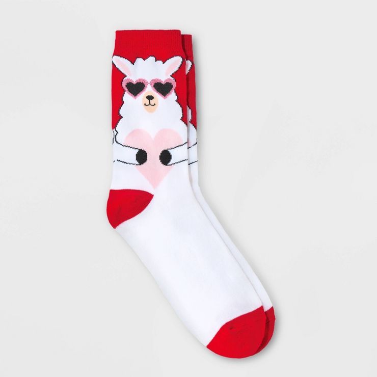 Women's Llama Love Valentine's Day Crew Socks - Red 4-10 | Target
