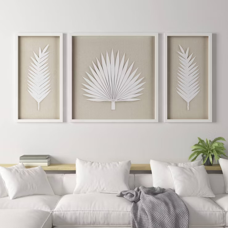 3pc Sabal Palm Rice Paper Framed Shadow Box Set Off White - Madison Park | Target