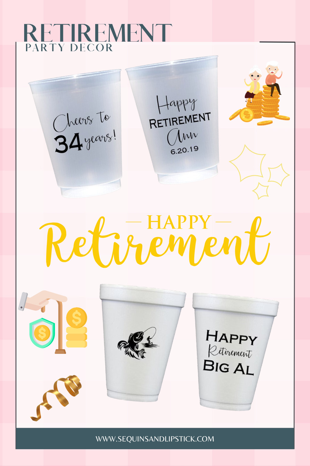 Celebrate retirement in style with personalized cups made just for the guest of honor! Perfect for retirement parties, office celebrations, fishing retirements, and milestone events. 

 