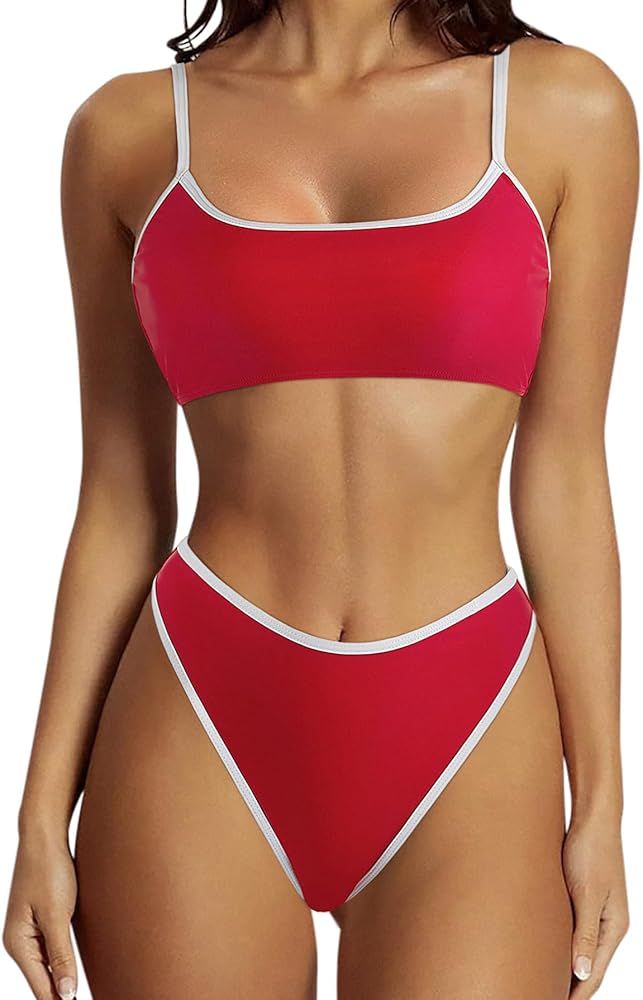 SUUKSESS Women High Waisted 2 Piece Bikini Set Cheeky High Cut Bandeau Swimsuit | Amazon (US)