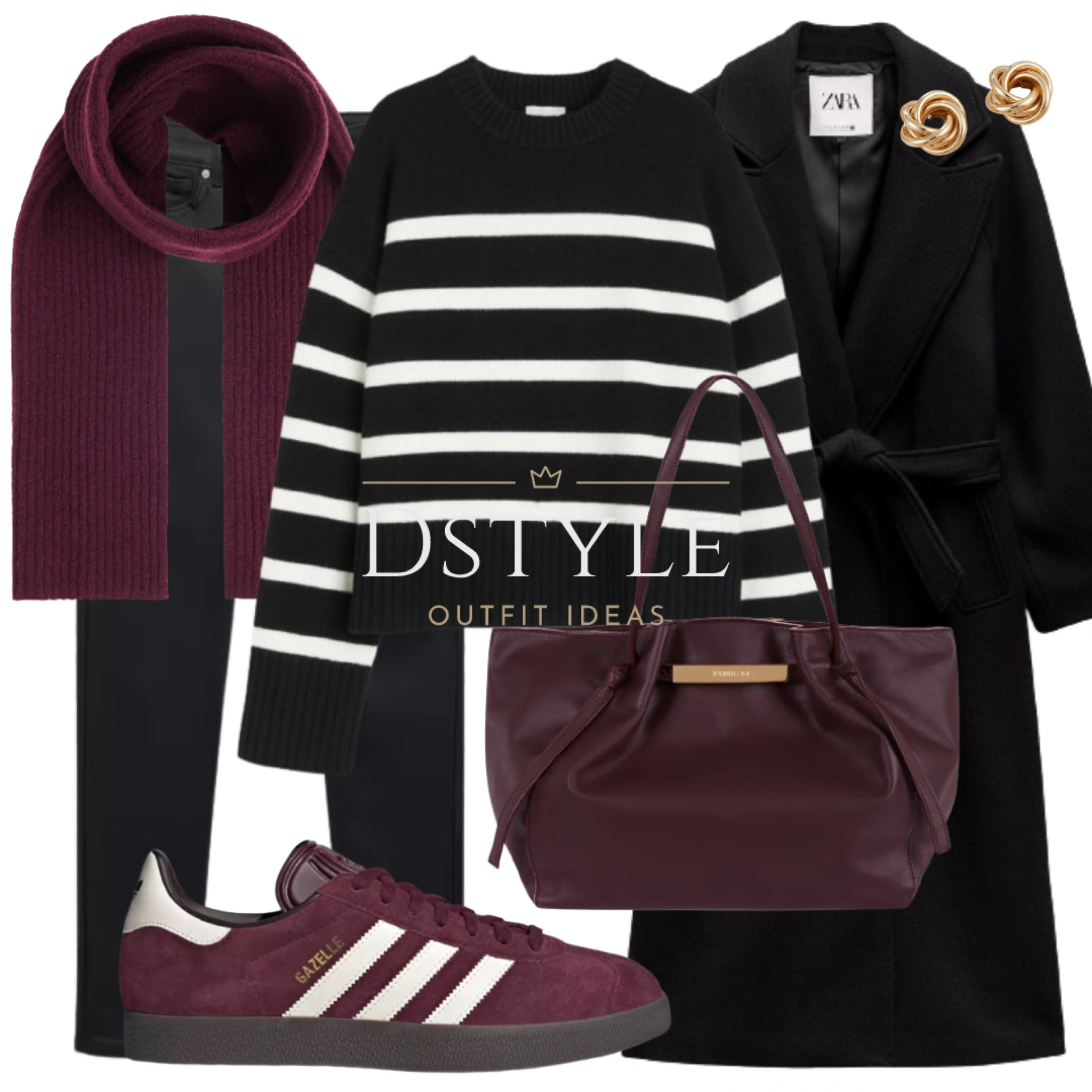 Monochrome magic with a dash of burgundy bliss. Embracing winter vibes in a black striped sweater, sleek skinny jeans, a chic wool belted coat, and the perfect pop of color with a burgundy scarf and Adidas Gazelle 'Maroon' kicks. #WinterStyle #MonochromeElegance

#LTKstyletip #LTKfindsunder50 #LTKshoecrush