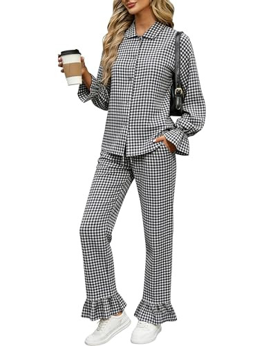 Amazon.com: Tanming Women's 2 Piece Set Outfits Gingham Plaid Long Sleeve Plaid Button Down Shirt... | Amazon (US)