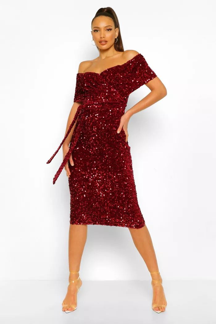 Tall Sequin Off The Shoulder Belted Midi Dress | boohoo (US & Canada)