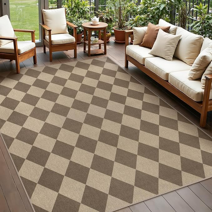 Easy Jute 5x7 Outdoor Patio Rug, Washable Brown Checkered Rugs for Living Room, Non-Slip Farmhous... | Amazon (US)