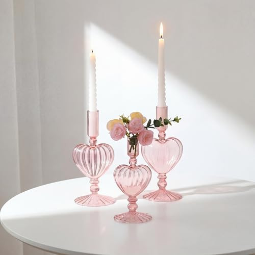 Maxdot 3 Pcs Valentine's Day Pink Glass Candle Holders Pink Heart Glass Taper Candle Holders Hear... | Amazon (US)