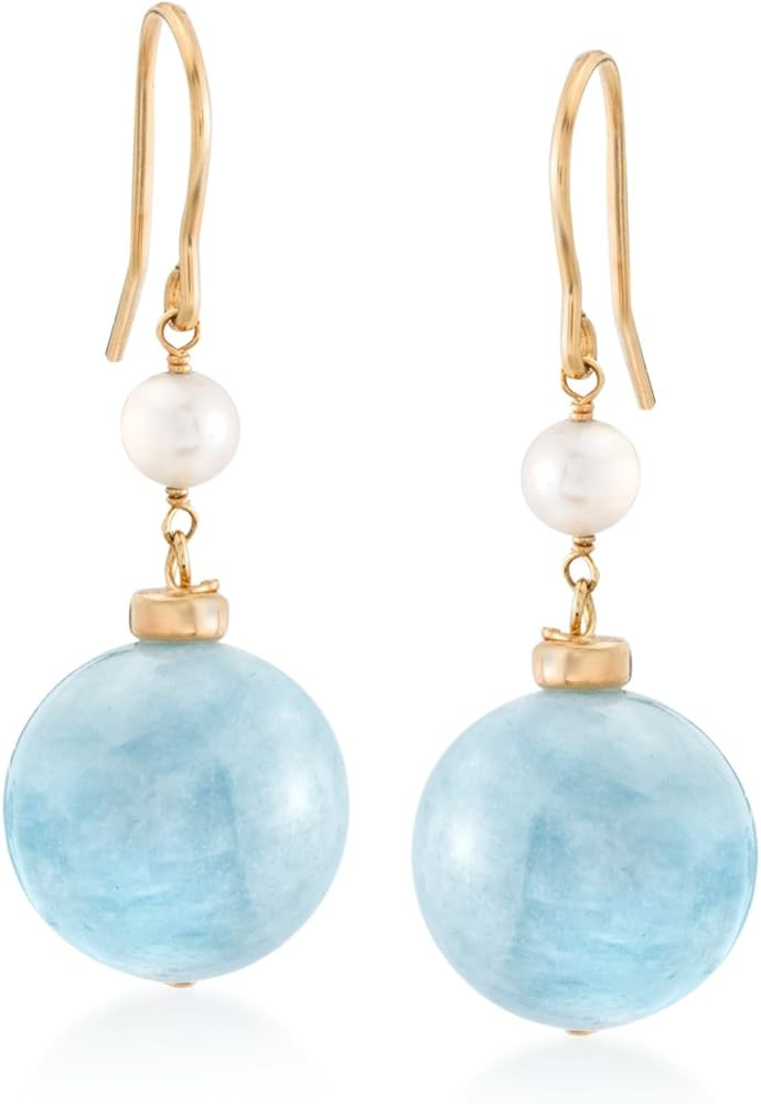 Ross-Simons 35.00 ct. t.w. Milky Aquamarine and 4-5mm Cultured Pearl Drop Earrings in 18kt Gold O... | Amazon (US)