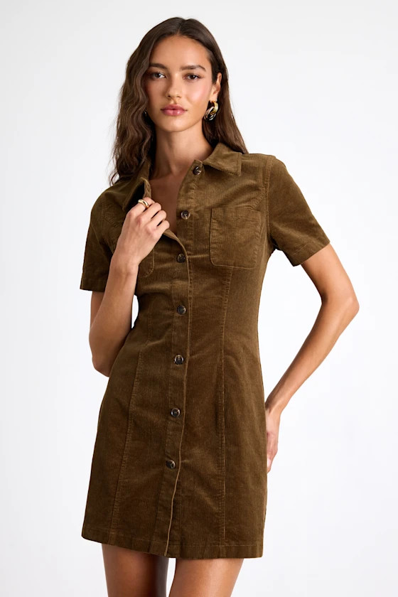 Rhienne Dark Olive Corduroy Button-Front Short Sleeve Mini Dress | Lulus