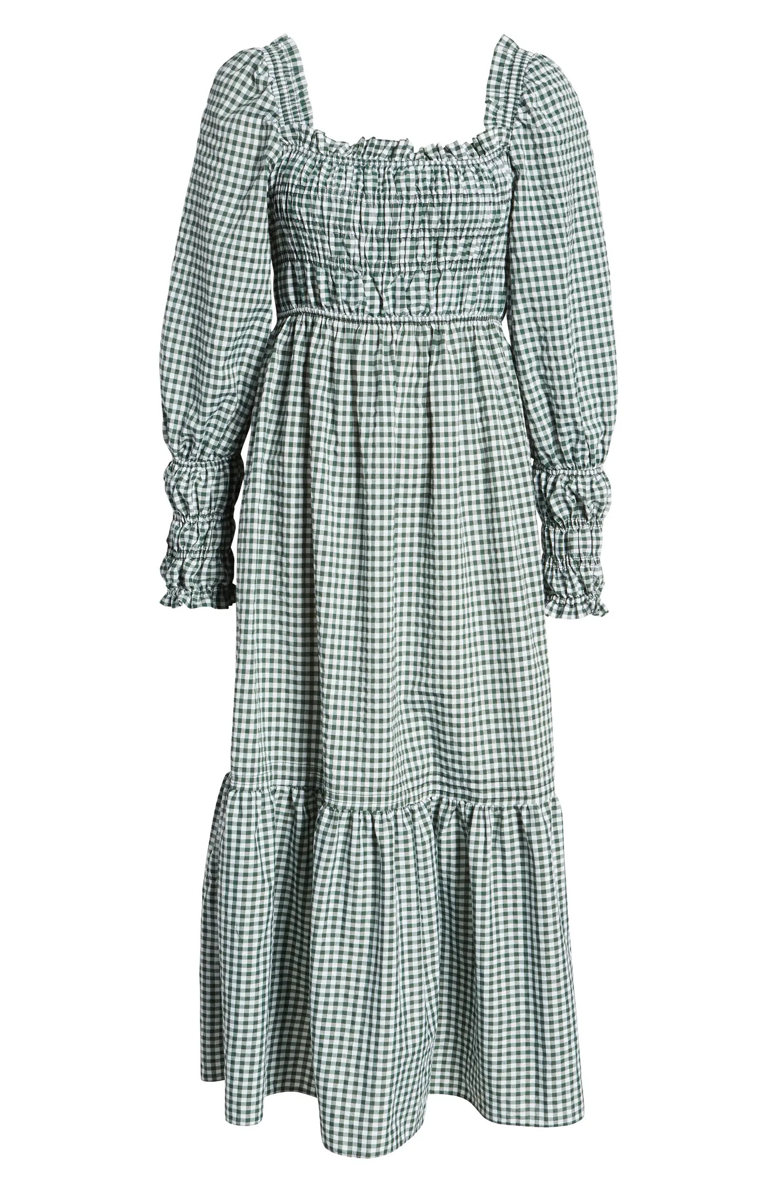 Topshop Shirred Long Sleeve Gingham Midi Dress | Nordstrom | Nordstrom