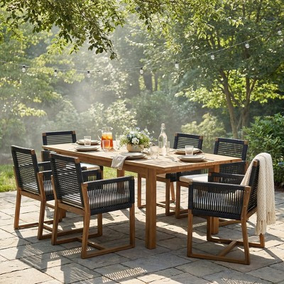Christopher Knight Home Sarene Outdoor Rustic 7 Piece Acacia Wood Dining Set with Handwoven Cord, Black/White | Target