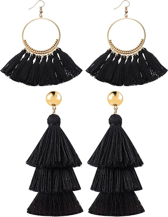 Amazon.com: Hestya 2 Pairs Tassel Earrings for Women Girls Handmade 3 Tiered Tassel Dangle Earrin... | Amazon (US)