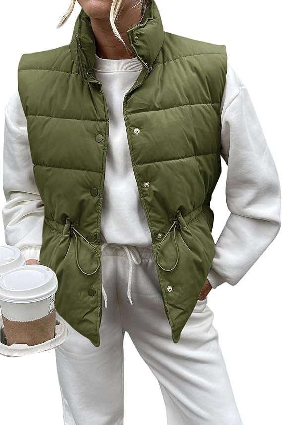 Saodimallsu Womens Puffer Vest Stand Collar Button Down Padded Jacket with Drawstring Waist | Amazon (US)
