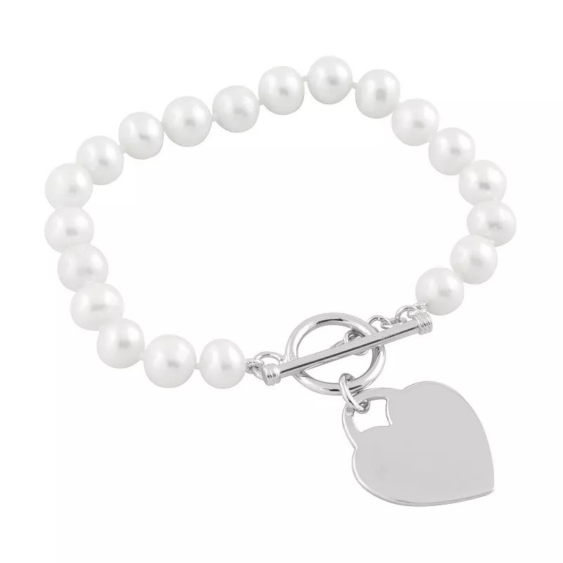 Splendid Pearls Freshwater Pearl & Sterling Silver Heart Charm Bracelet, Women's, Size: 7.25 | Kohl's