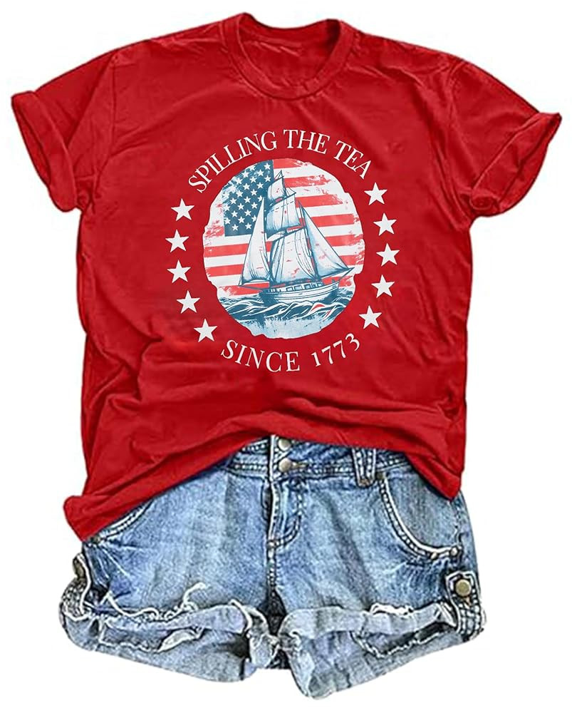 HEBBE 4th of July Shirts for Women Spilling The Tea Since 1773 Shirt Patriotic American Top Histo... | Amazon (US)