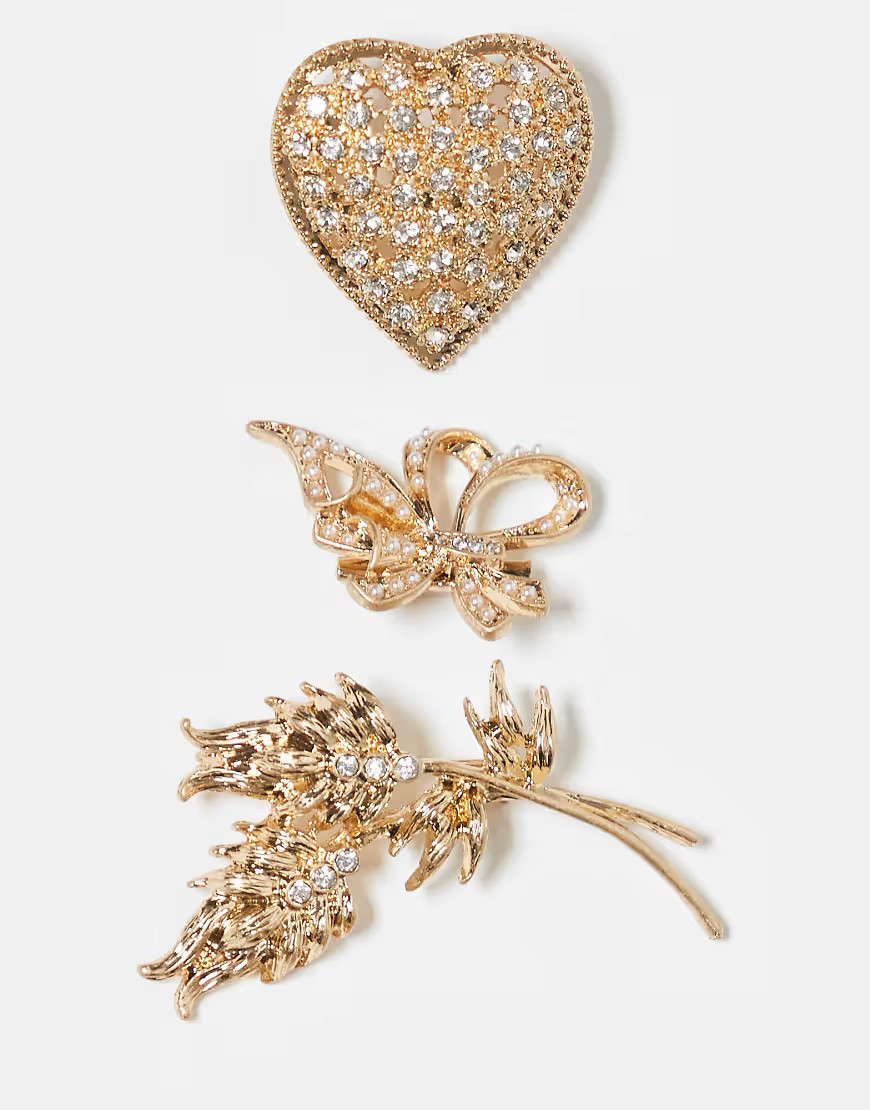ASOS DESIGN pack of 3 vintage-style brooches in gold tone | ASOS (Global)
