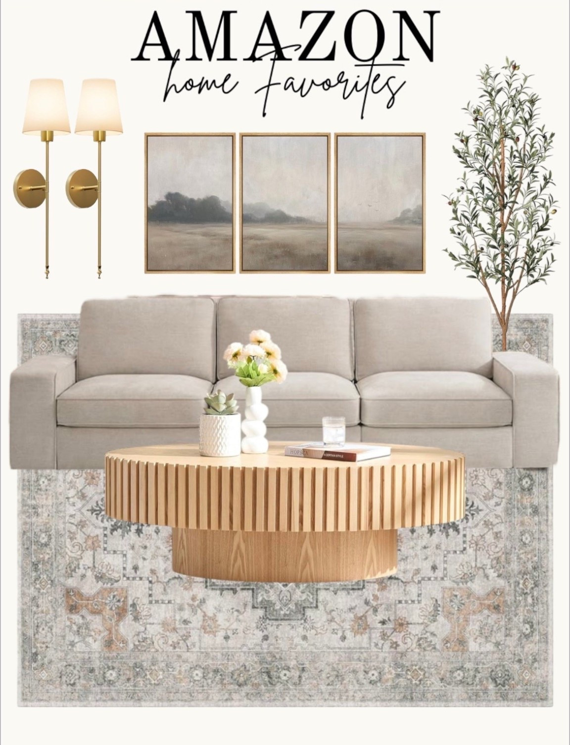 Amazon home favorites 🫶🏼

Living room decor, oak coffee table, beige couch, wall lamps, wall, art, wall decor, faux tree, area rug, vintage home, home finds, cozy home

#LTKOver40 #LTKStyleTip 

#LTKHome
