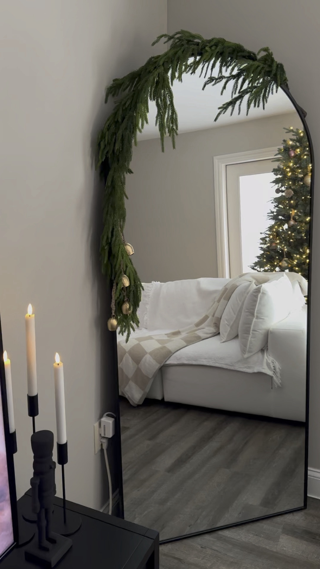 Organic modern Christmas decor, neutral Christmas decor, Christmas garland, mirror garland, garland with bells, nutcracker, flickering candles

#LTKhome #LTKSeasonal #LTKHoliday