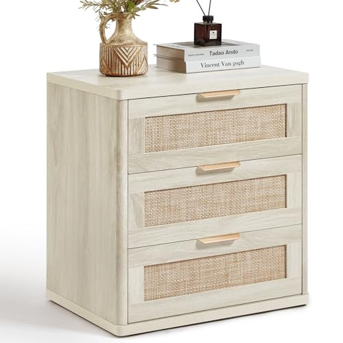 LEYAOYAO Rattan Night Stand with Drawers, 23" Large 3 Drawer Boho Nightstand, Grey White Bedside Table Storage Cabinet, Bed Side End Tables Dresser for Bedroom, Living Room, Hallway, Closet | Amazon (US)