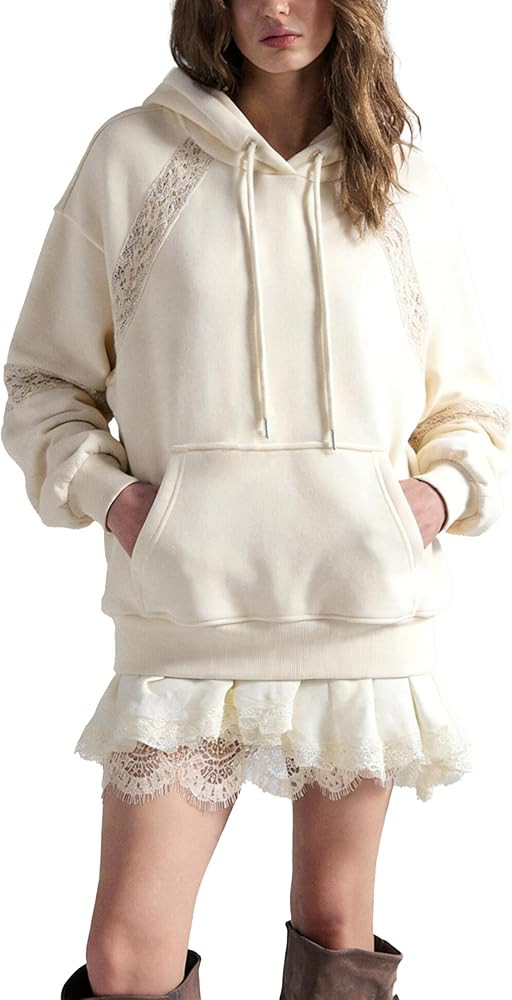 Women’s Oversized Hoodie Lace Patchwork Sweatshirt Long Sleeve Pullover Tops Fall Fashion Outfi... | Amazon (US)