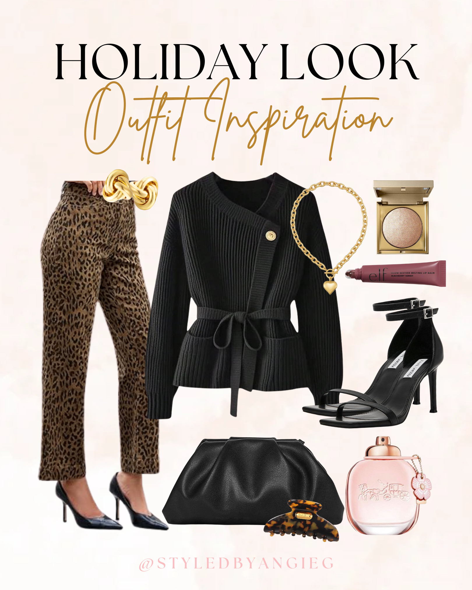 Holiday outfit inspo! Leopard pants, black wrap sweater, heels, gold jewelry, clutch bag, holiday makeup, perfume, chic holiday look, festive outfit ideas 

 

#LTKHoliday #LTKootd #LTKSeasonal