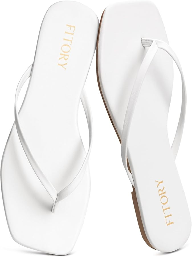 FITORY Womens Flip Flops, Square Open Toe Leather Thong Sandals, Comfortable and Dressy Flat Slid... | Amazon (US)