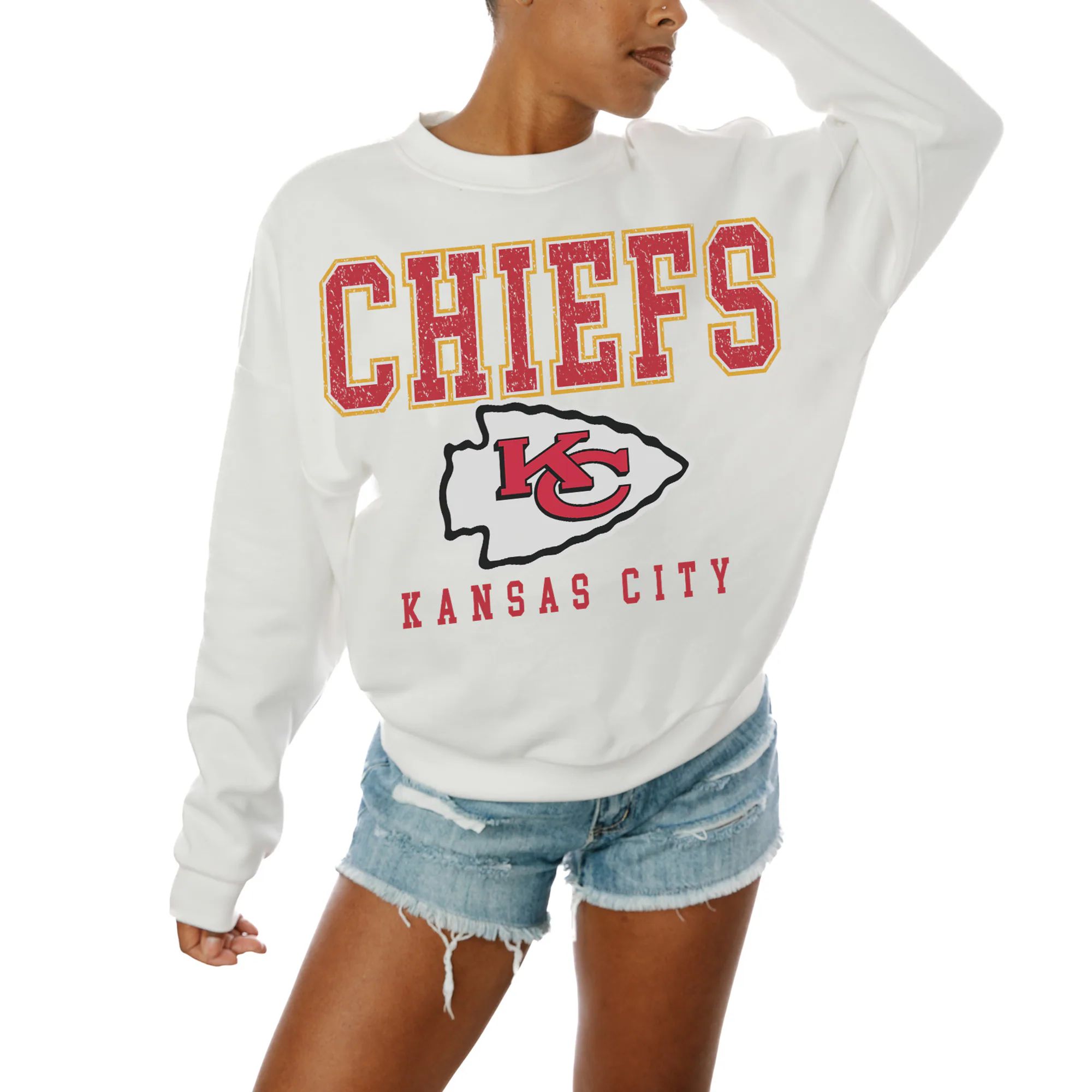 Women's Kansas City Chiefs  Gameday Couture White  Sunday Drives Oversized Crewneck Pullover Swea... | NFL Shop