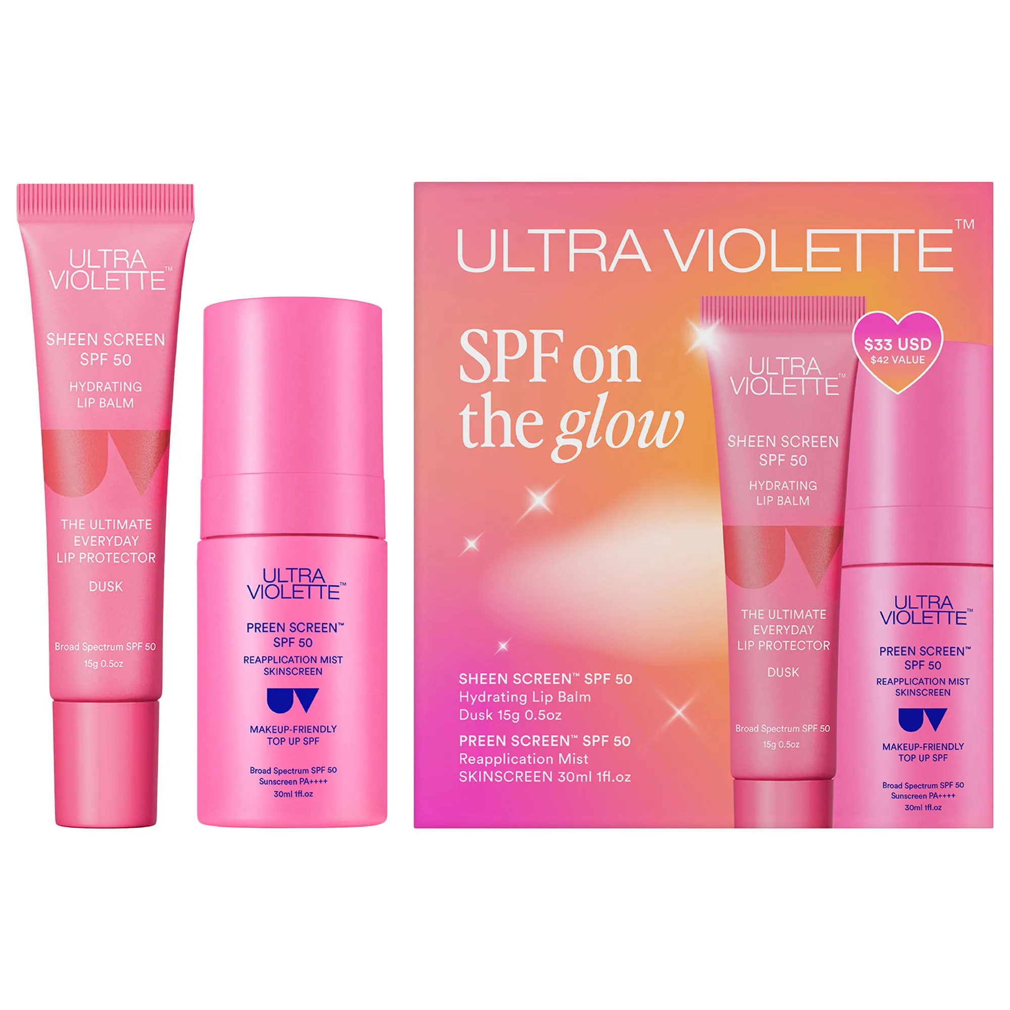 Ultra Violette SPF on the Glow Set with Preen Screen SPF 50 Mist & Sheen Screen Lip Balm Duo 1/30 | Sephora (US)