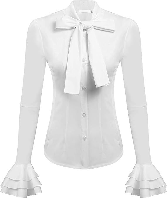 Zeagoo Women Bow Tie Neck Blouses Ruffle Long Sleeve Shirts Button-Down Office Work Casual Tops X... | Amazon (US)