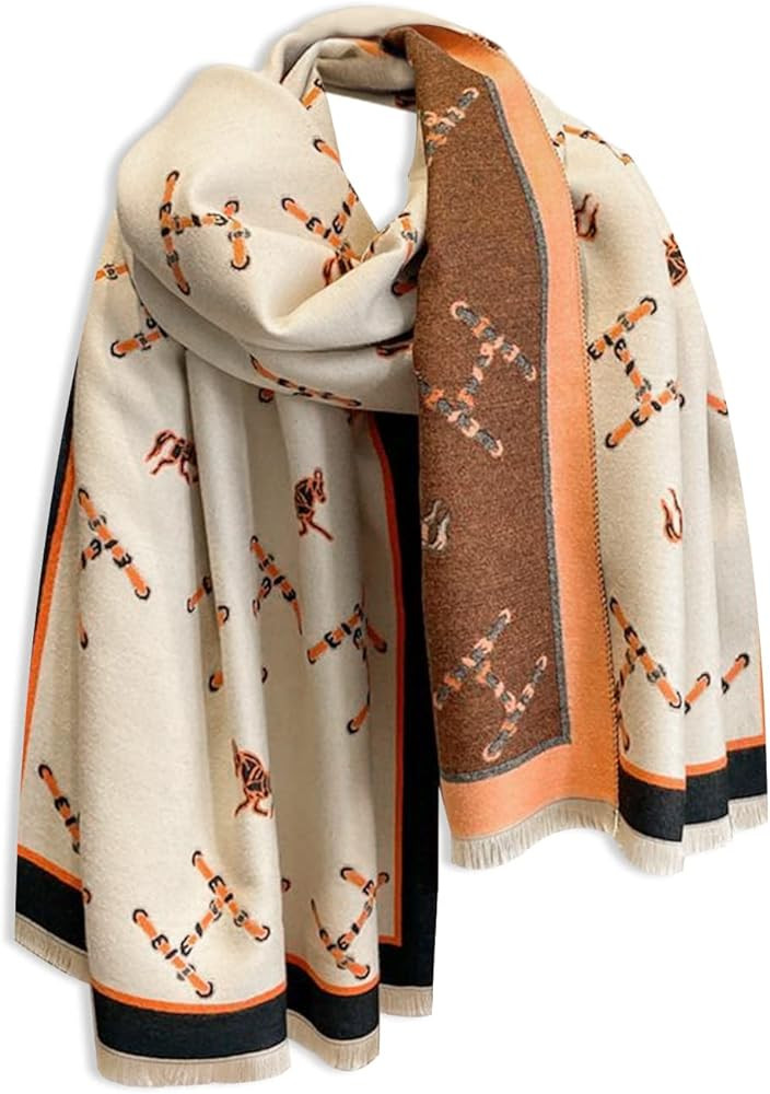 Winter Scarf Cashmere Shawl Women Retro Horse Letter Pattern Warm Pashmina Scarves With Tassel So... | Amazon (US)