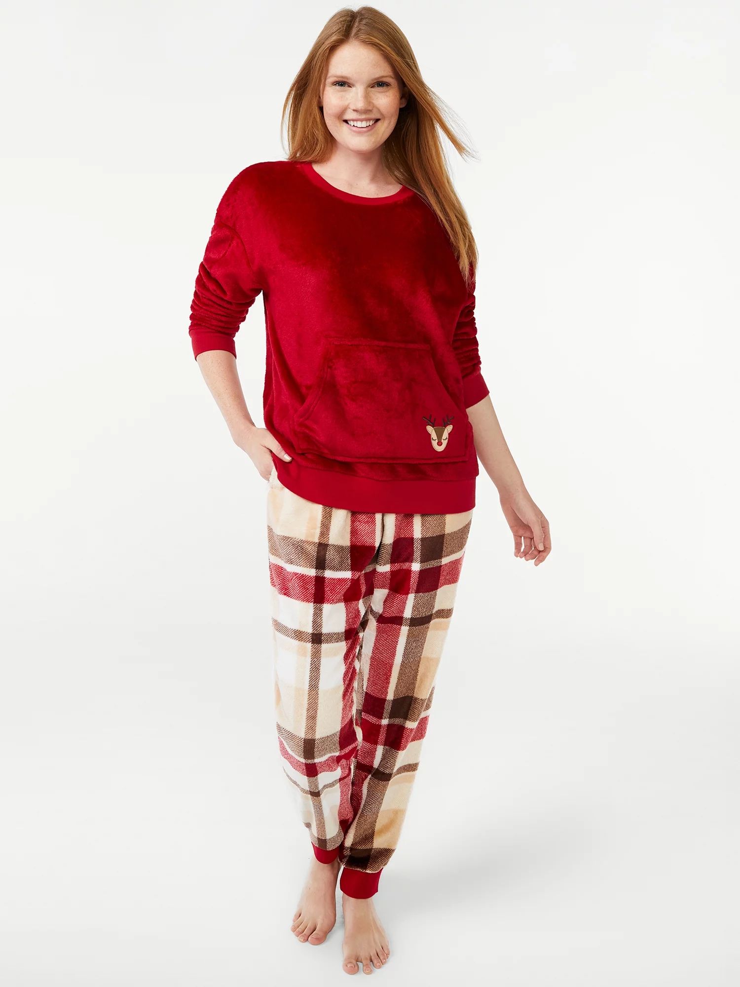 Joyspun Women's Plush Deer Long Sleeve Top and Pants Pajama Set, 2-Piece, Sizes up to 3X | Walmart (US)