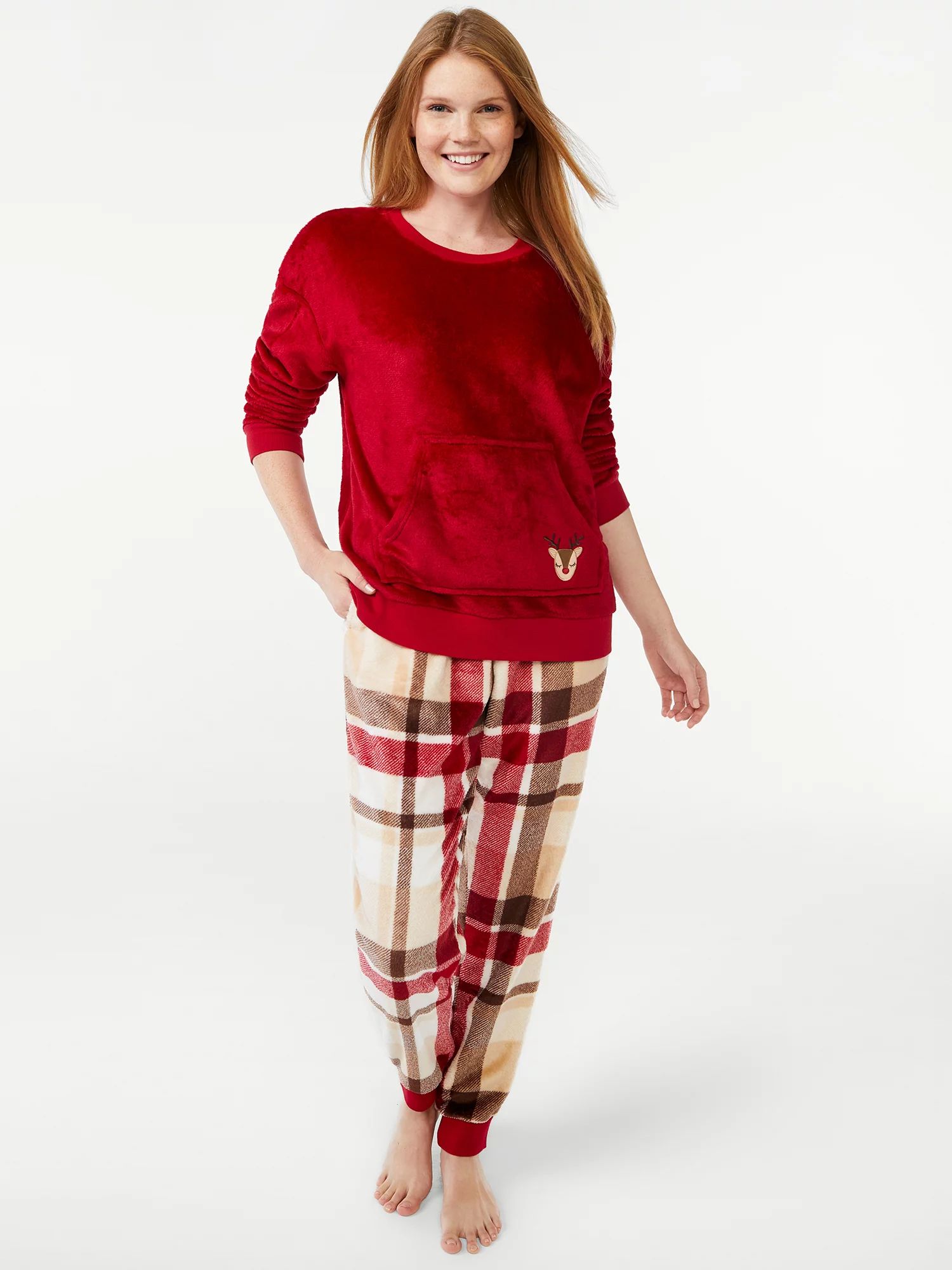 Joyspun Women's Plush Long Sleeve Top and Pants Pajama Set, 2-Piece, Sizes up to 3X | Walmart (US)