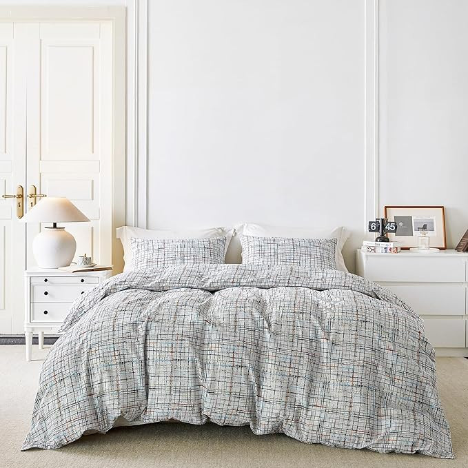 YuHeGuoJi Gingham Geometric Duvet Cover King 100% Cotton 3 Pcs Set 1 Farmhouse Blue Red Grid Stri... | Amazon (US)