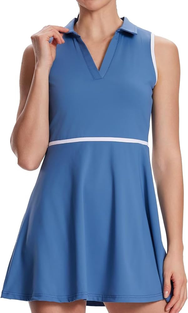 Women's Tennis Dress with Detachable Pocket Shorts, Convertible V-Neck & Polo Collar for Golf Gym | Amazon (US)
