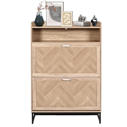 MISHAO Shoe Storage Cabinet with 2 Flip Drawers, Farmhouse Freestanding Shoe Cabinet with Metal Legs, Cubby and Shelf, Hidden Narrow Shoes Rack Organizer for Entryway Hallway, Natural | Amazon (US)