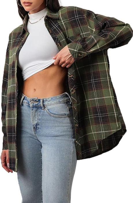 CHYRII Womens Button Down Flannel Shirts Long Sleeve Plaid Shackets Business Casual Blouse Top | Amazon (US)