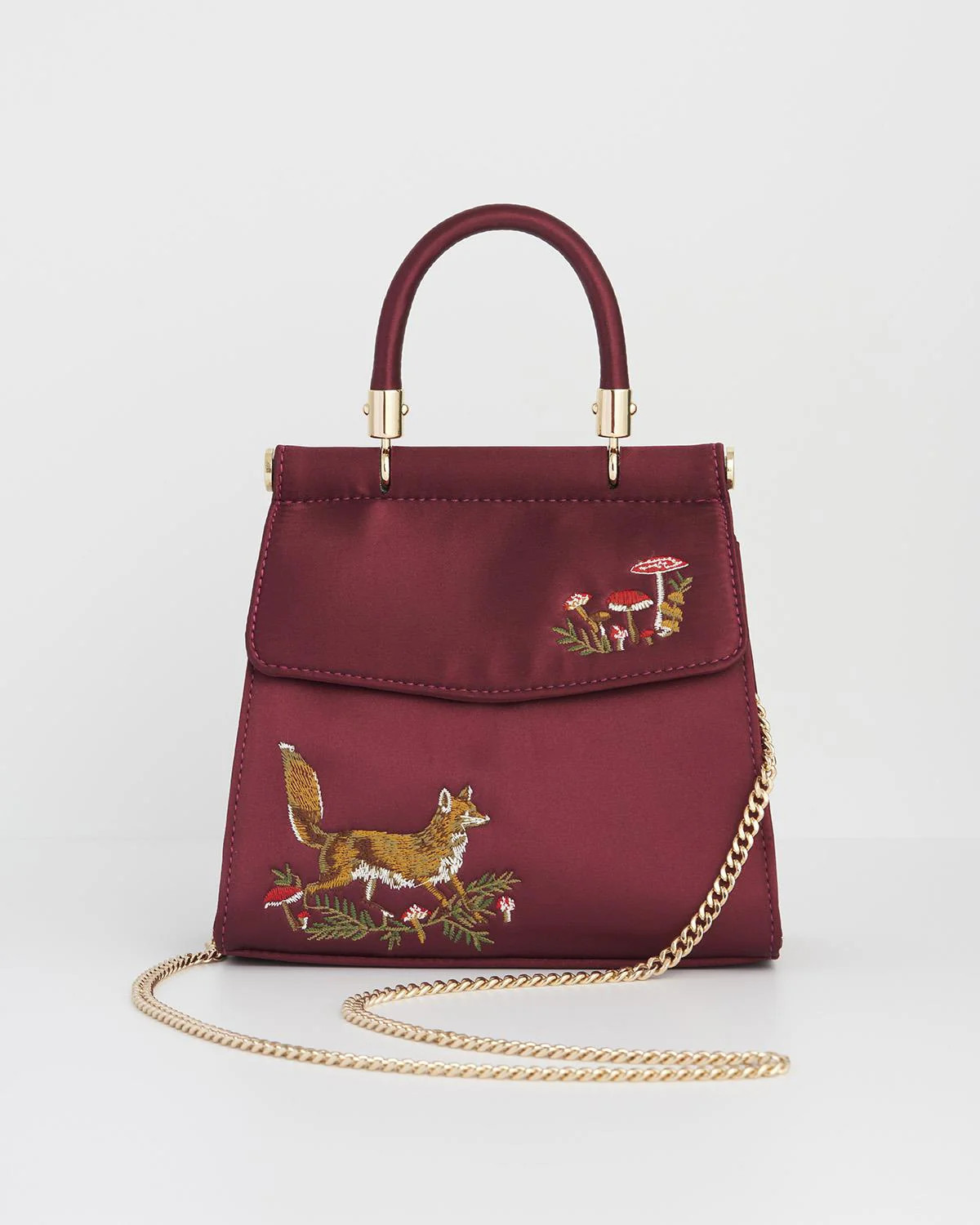 Fox & Mushroom Embroidered Burgundy Satin Tote | Fable England