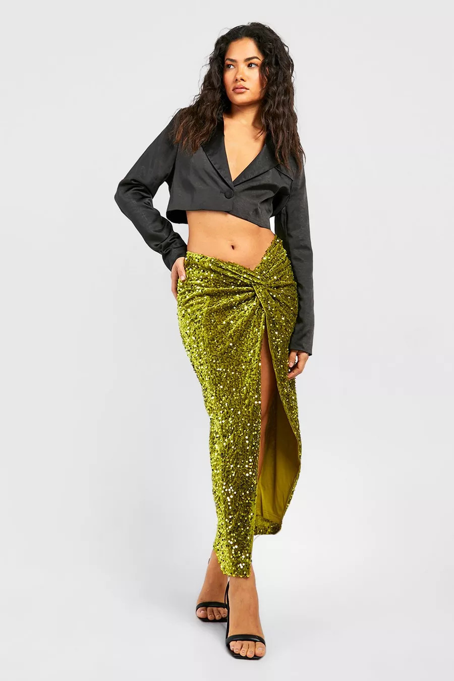 Velvet Sequin Knotted Split Midi Skirt | boohoo (US & Canada)
