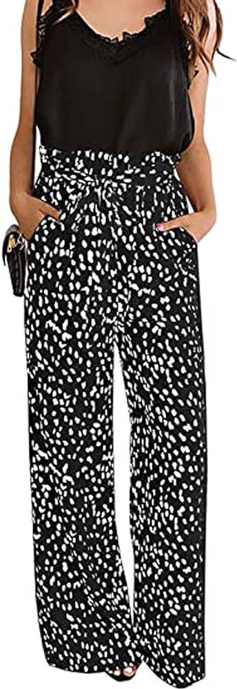 ECOWISH Womens Cotton Soft Palazzo Wide Leg Pant with Pockets High Waist Casual Loose Flowy Pants... | Amazon (US)