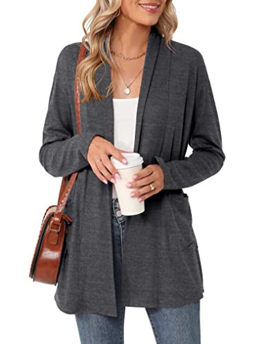 Micoson Open Front Lightweight Kimono Cardigan for Women Casual Loose Long Sleeve Cover Up with Pockets Charcoal Gray M | Amazon (US)