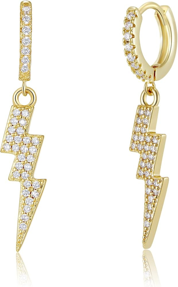 18k Gold Plated Lightning Bolt Earrings Iced Out Earrings Gold Punk Lightning Diamond Huggie Hoop... | Amazon (US)